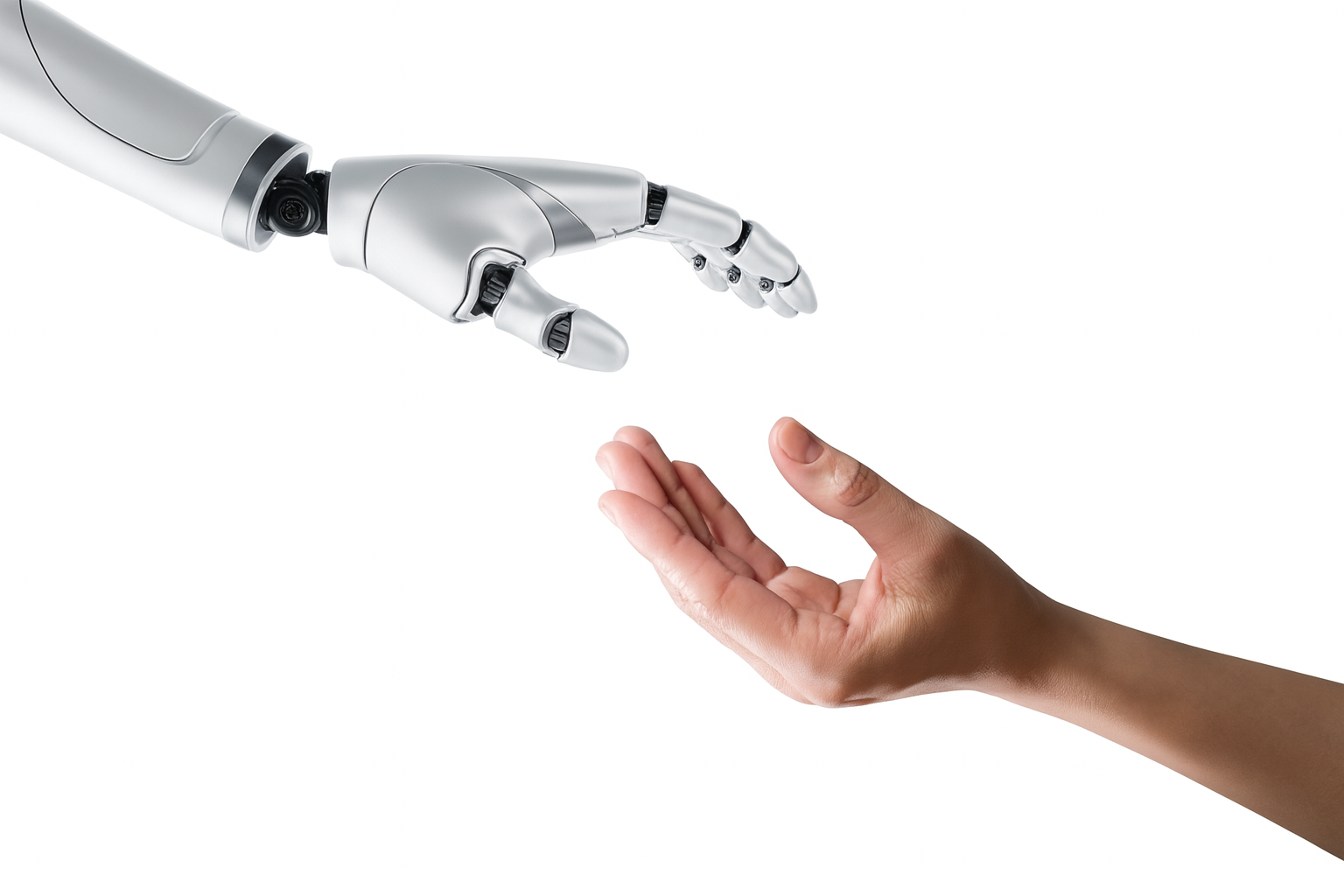Robotic hand reaching toward human hand - AI and human collaboration